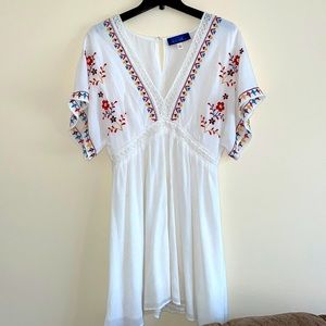 Blue Rain White Gauzy Dress With Stitched Flowers, Large